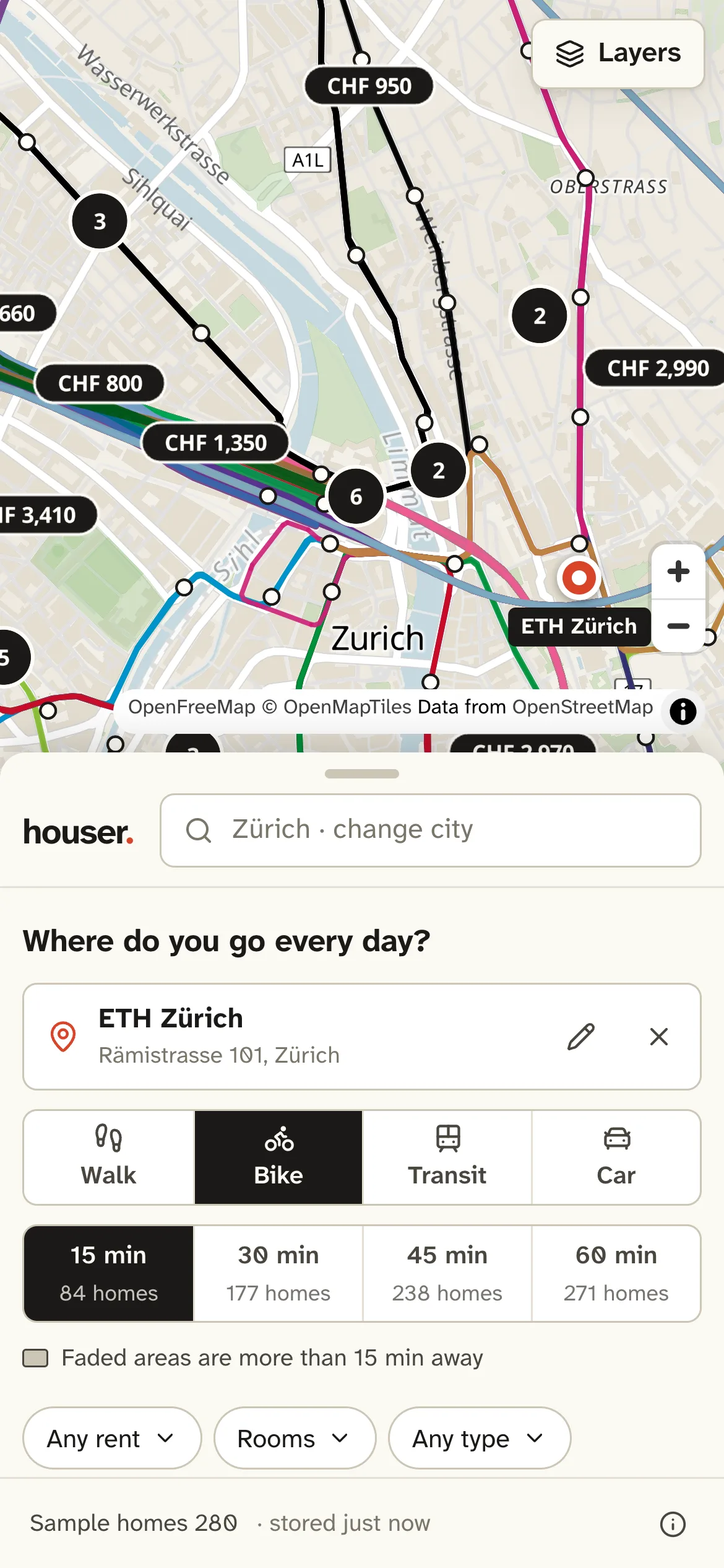 Houser on a phone, with the map above and trip settings in a sheet