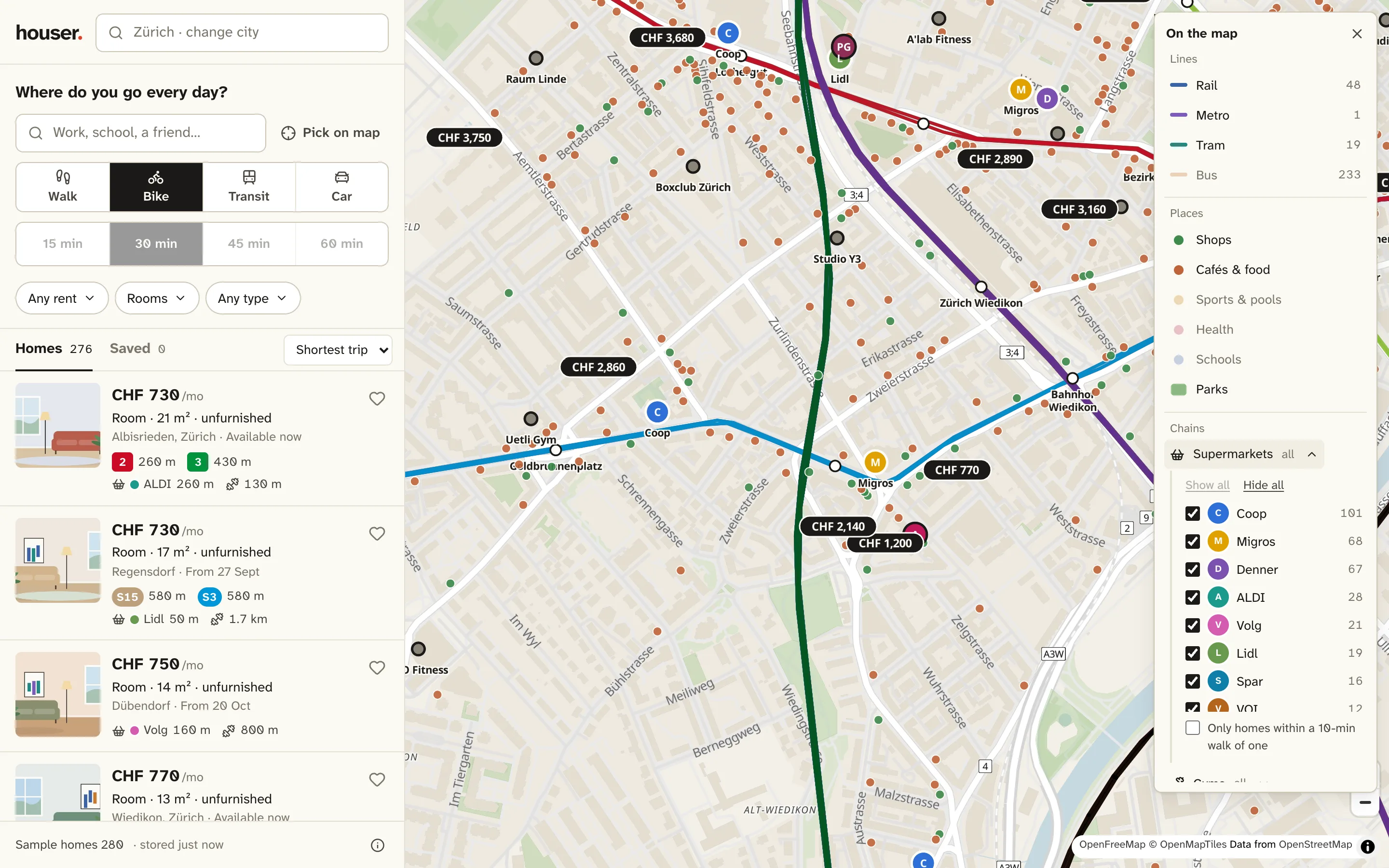 Supermarkets shown by chain, with a list to choose which chains appear