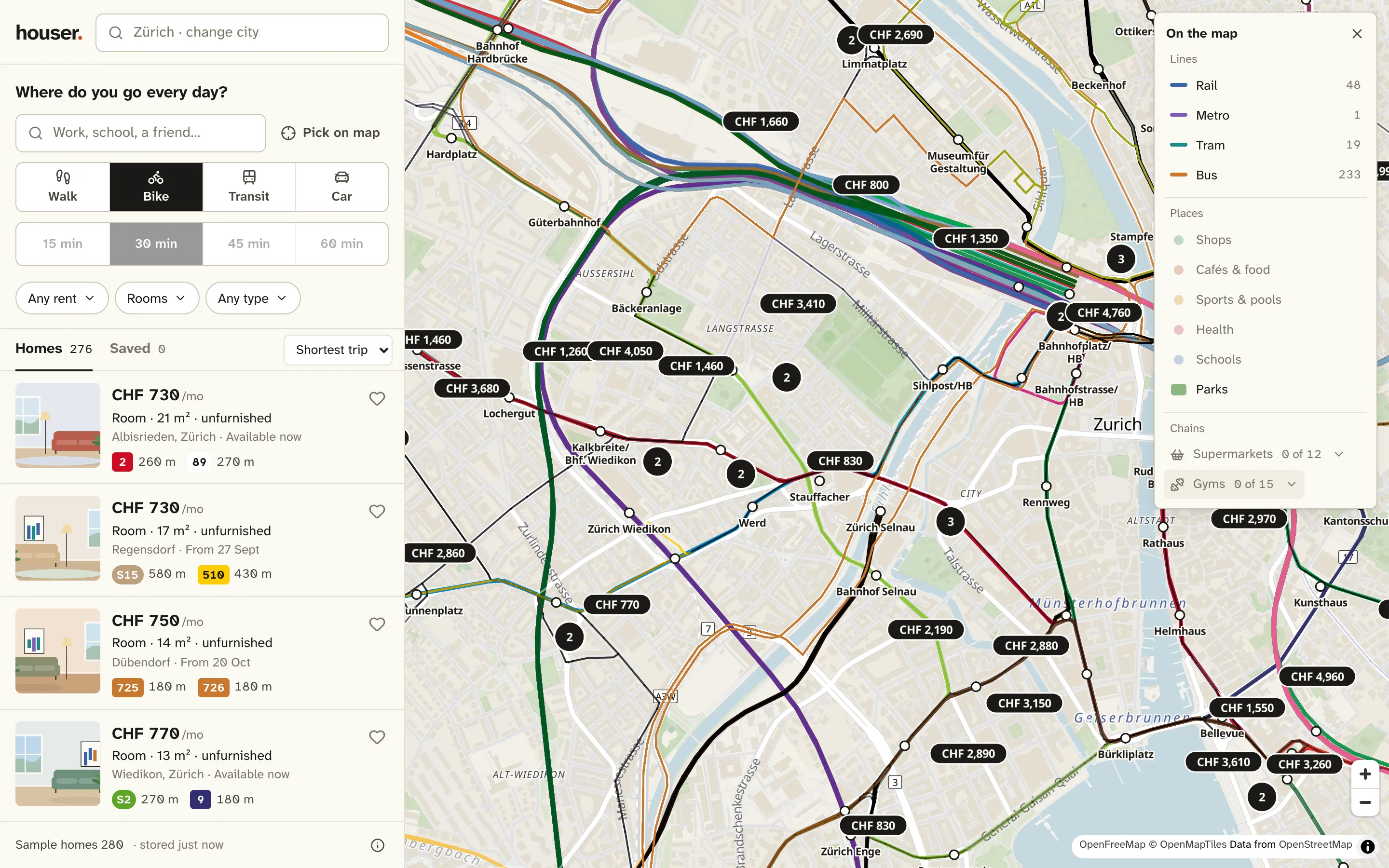 Central Zürich with rail, tram and bus lines and their stops